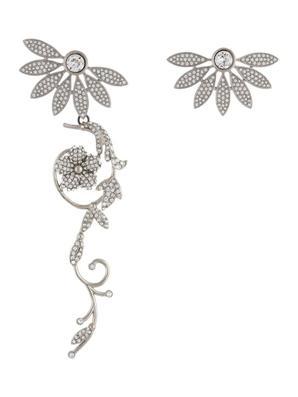 Burberry Crystal Daisy Asymmetrical Runway Earrings Palladium Floral